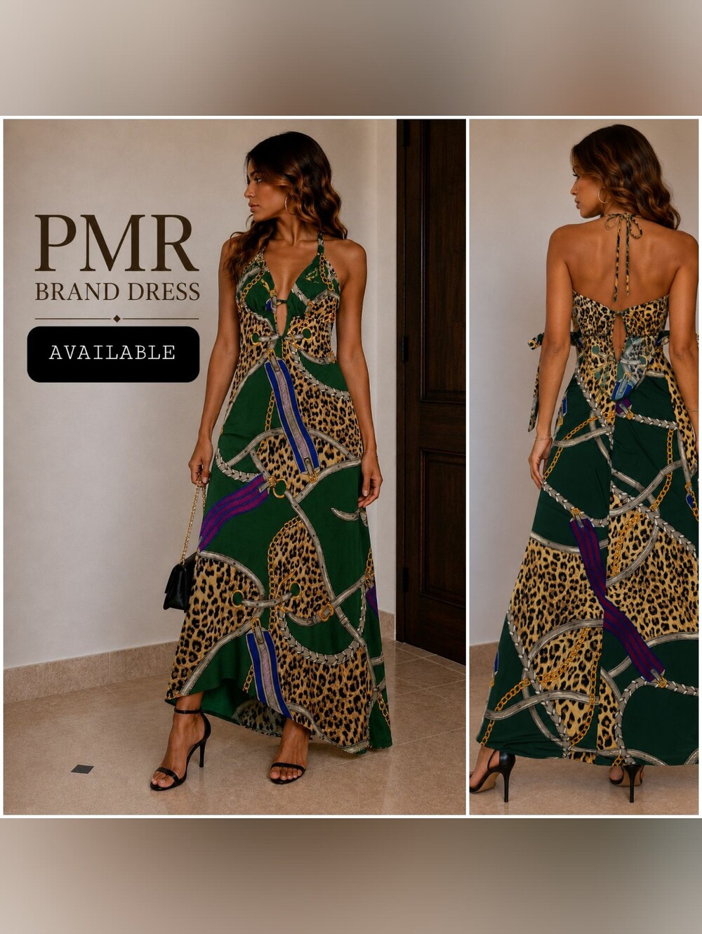 Green Leopard-Print Halter Maxi Dress